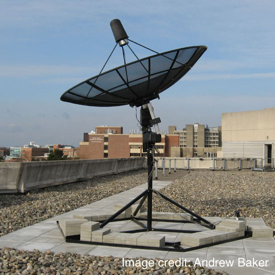 A photo of the SRT (Small Radio Telescope) on the roof of Serin at Rutgers