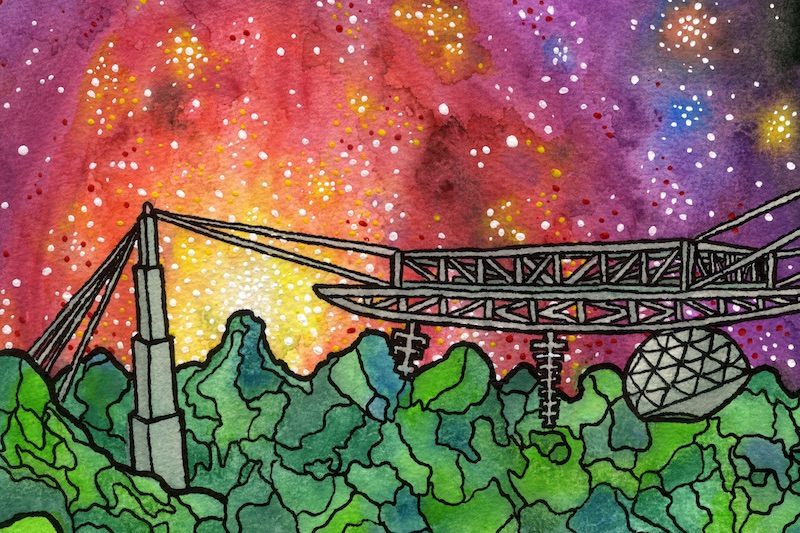A watercolor painting by Chelsea of Arecibo with a star-forming nebula in the sky