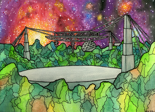A watercolor painting by Chelsea of Arecibo with a star-forming nebula in the sky