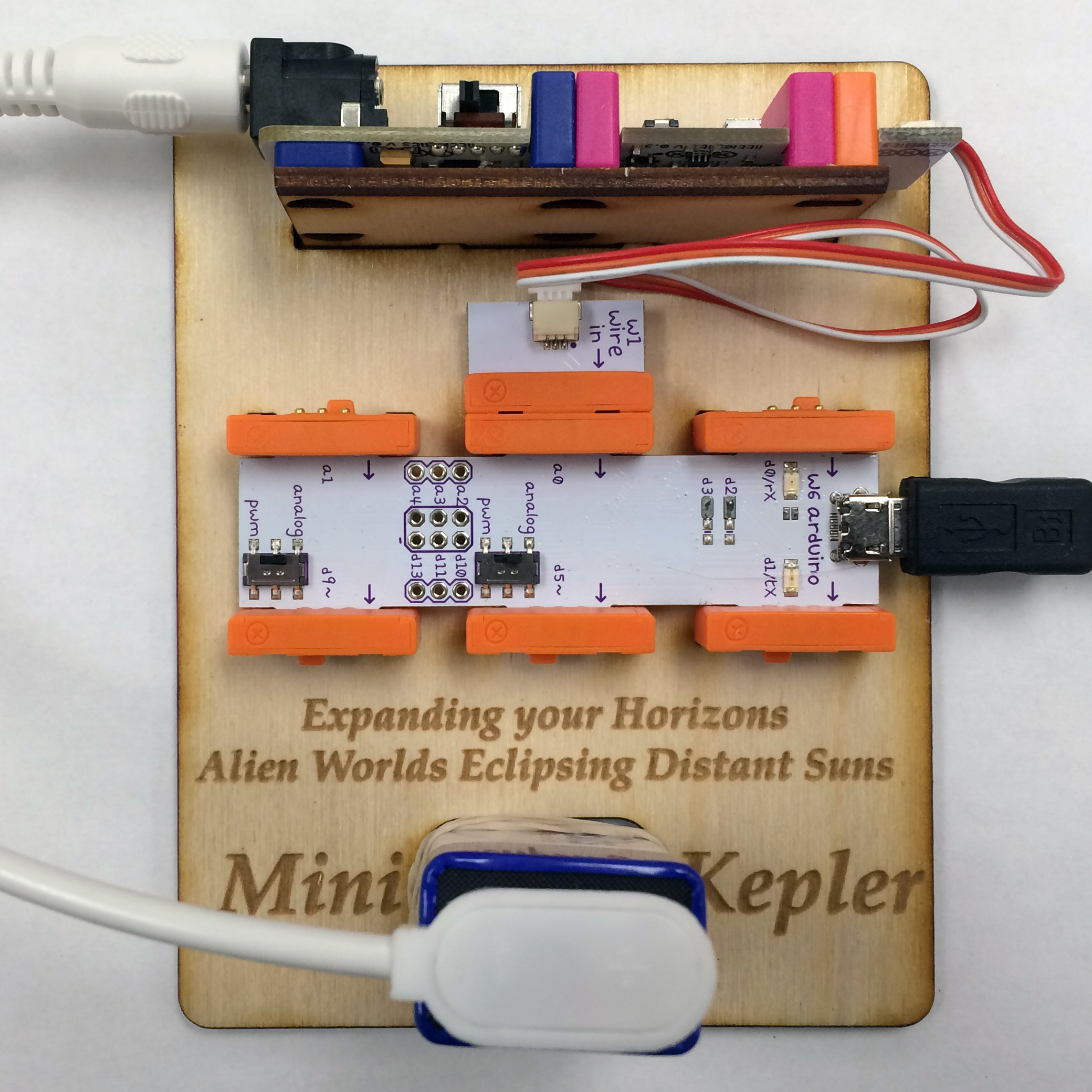 A photo of a mini-Kepler assembled from the littleBits snap together electronic components